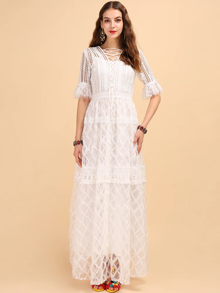 LD Linda della мода макси длинное платье Для женщин с глубоким v-образным вырезом, вышитая кружевная сетка элегантные белые однотонные Платья для вечеринок Gowm