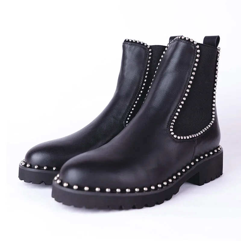 

ULKNN Genuine Leather British Style Ankle Boots Women Elastic Band Flats Shoes Rivets Round Toe Women Footwear Size 33-43