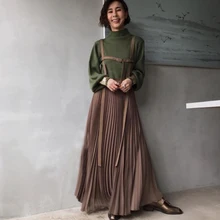 Женские корейские юбки, плиссированная подвеска, простая однотонная длинная юбка, Новая Элегантная Повседневная винтажная Женская юбка Vestidos, Пляжная шикарная юбка