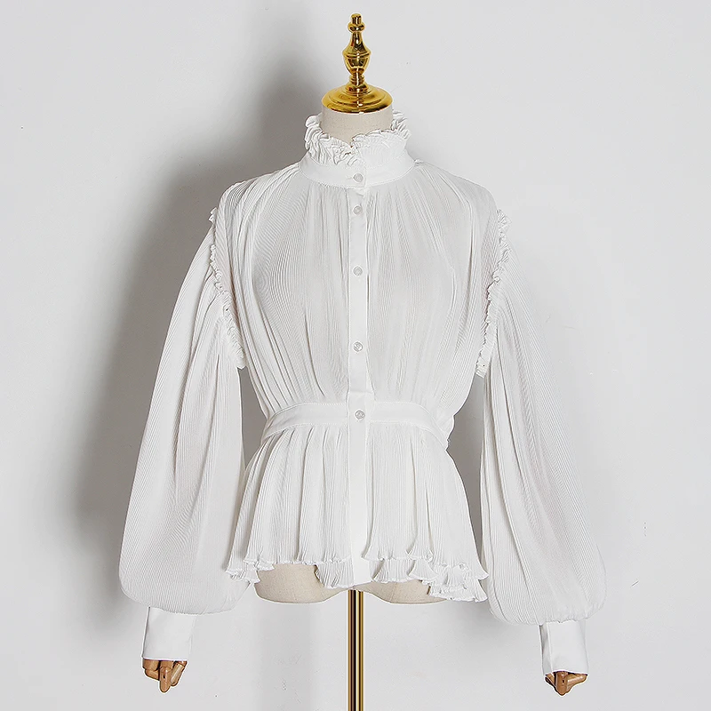 Causal Chiffon Ruched Women's Blouses Turtleneck Lantern Long Sleeve Tunic Shirts Female Fashion Clothing Tide