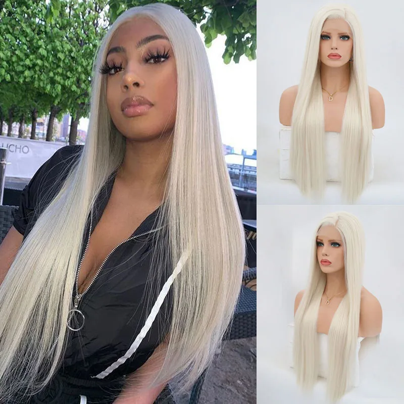 

Rongduoyi #60 Platinum Blond Synthetic Lace Front Wigs For Women Long Silky Straight Wig Heat Resistant Fiber Hair Blonded Wig