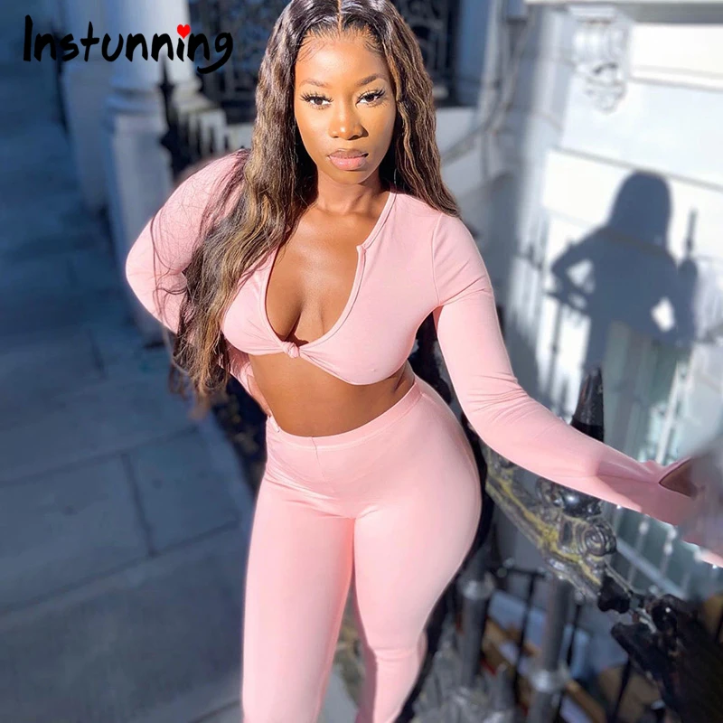 

Instunning High Elastic Fitness Two Pieces Set V-Neck Top And High Waist Leggings Long Sleeve Sexy Sporting Outfits Pink Autumn
