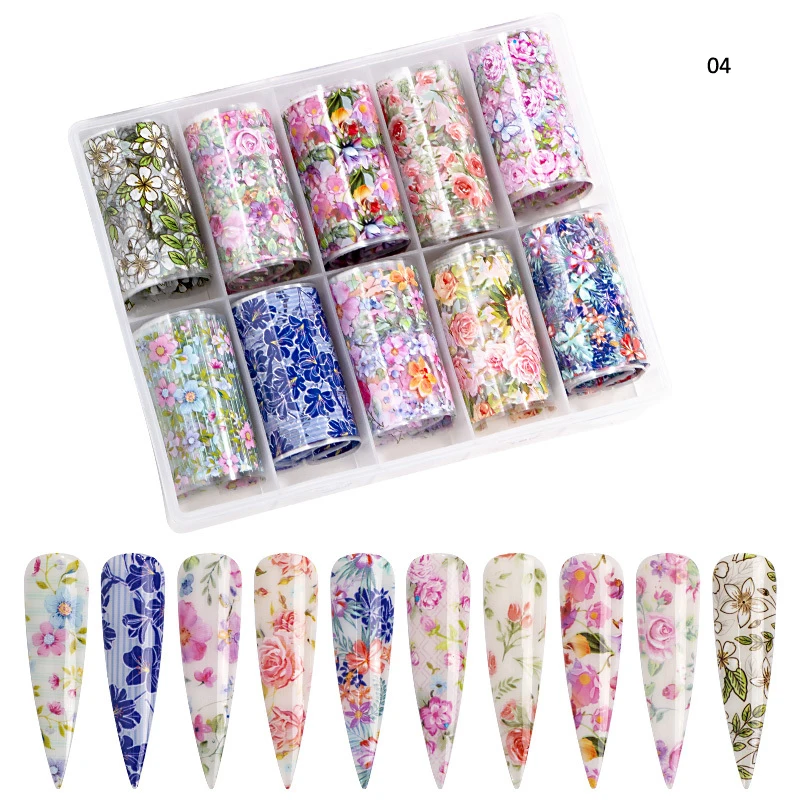 

4CM*1M 1 Box/lot(10rolls ) Flower Nail Art Transfer Foils (Set of 10) Foil Different Flower Foil 1-10 Designs foil Nail Sticker