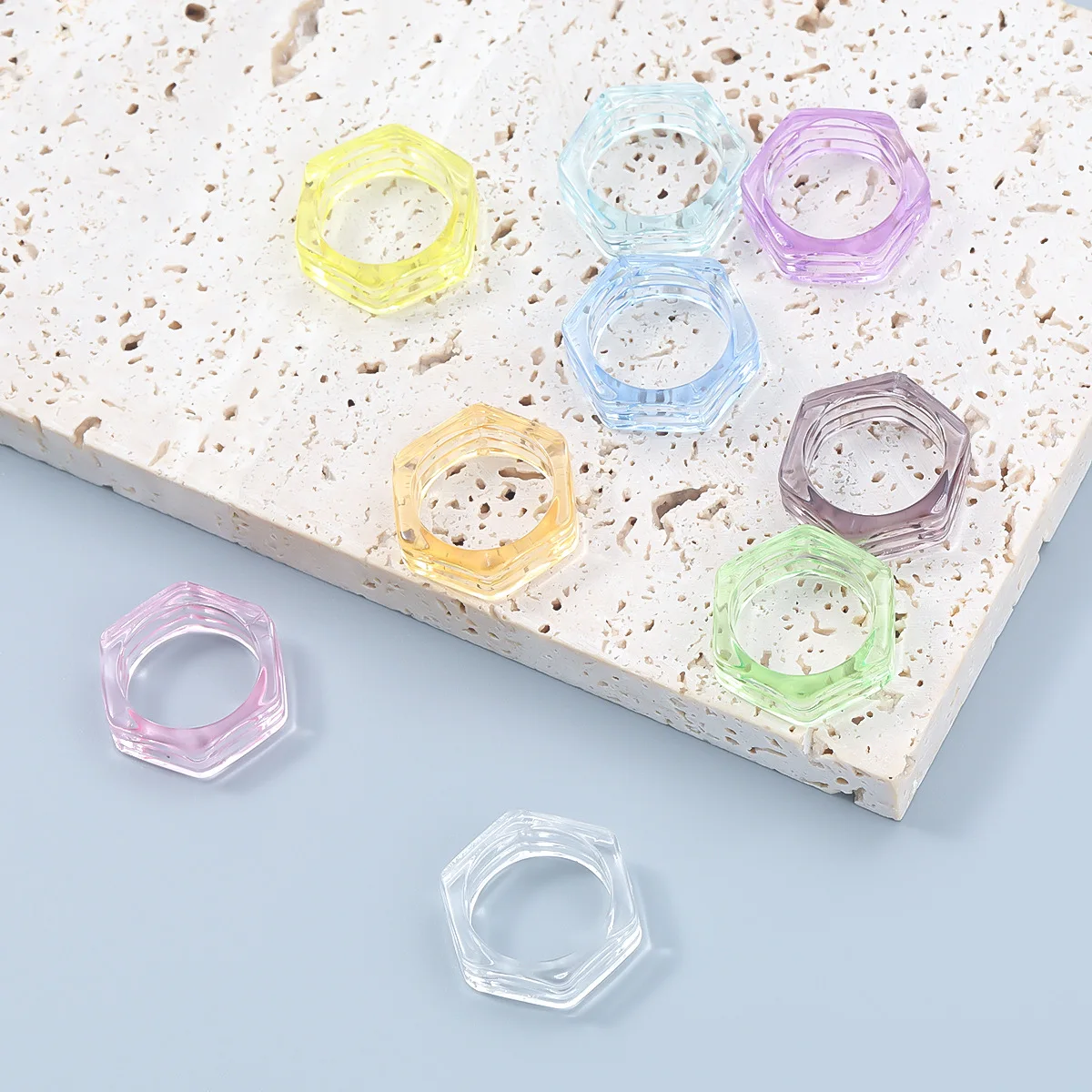 Fashion Candy Color Hexagon Transparent Resin Ring Couple Popular Hip-hop Ring Campus Party Accessories