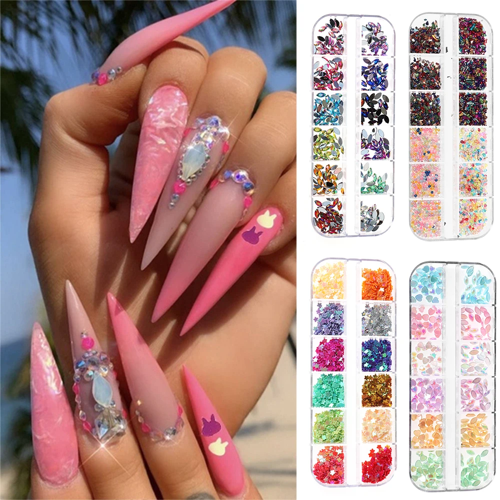 

12 Color Nail Glitter Sequins Paillette Mixed Size Shaped Mini Round Rhombus 3D Flakes Nail Art Tips Decorations Set Crystal Gem