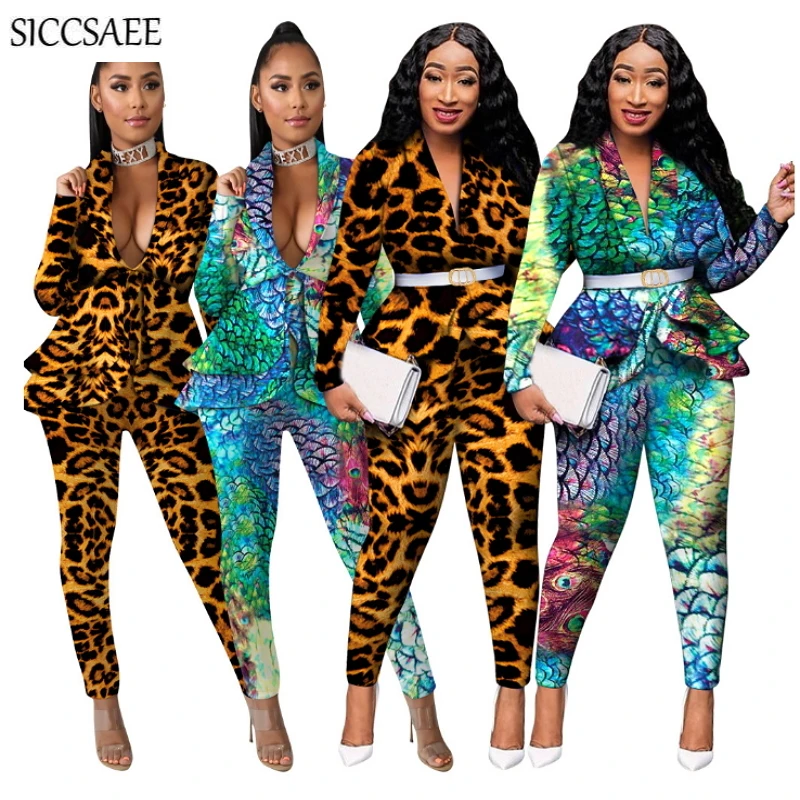 

2020 Spring Leopard Peacock Printed Two Piece Set Ruffles Blazer And Pants Matching Sets Work Wear Elegant Peplum Outfits Sexy
