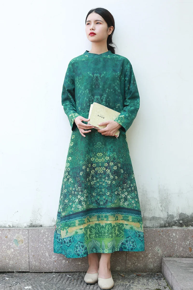 LZJN 2019 Women Autumn Long Sleeve Dress Floral Printed Belt Waist Long Dress Vestido Loose Robe with Pockets and Cotton Lining (17)