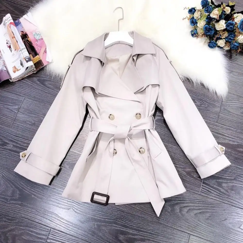 Бежевый Европейская и американская женская одежда зима стиль длинный рукав нагрудный двубортный однотонный модный Тренч пальто - Цвет: Бежевый