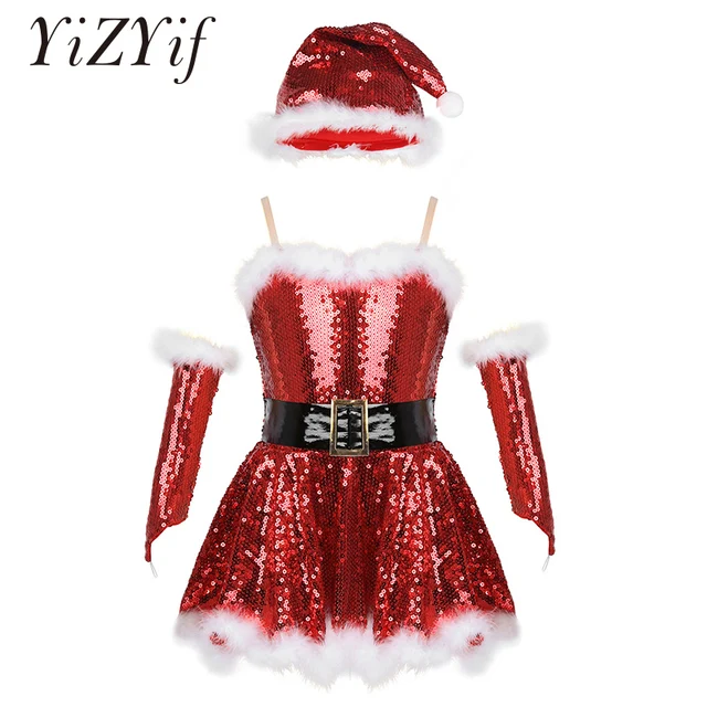 US $15.73 Kids Girls Fancy Party Christmas Santa Dance Costume Sequins Figure Ice Skating Dress Roller Skatin
