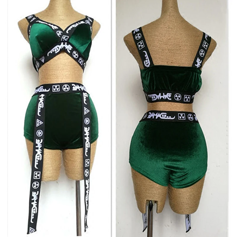 

New Female Pole Dance Clothing Letters Bra Shorts Singer Performance Costume Leading Dance Clothes Stage Jazz Velvet Suit 1774