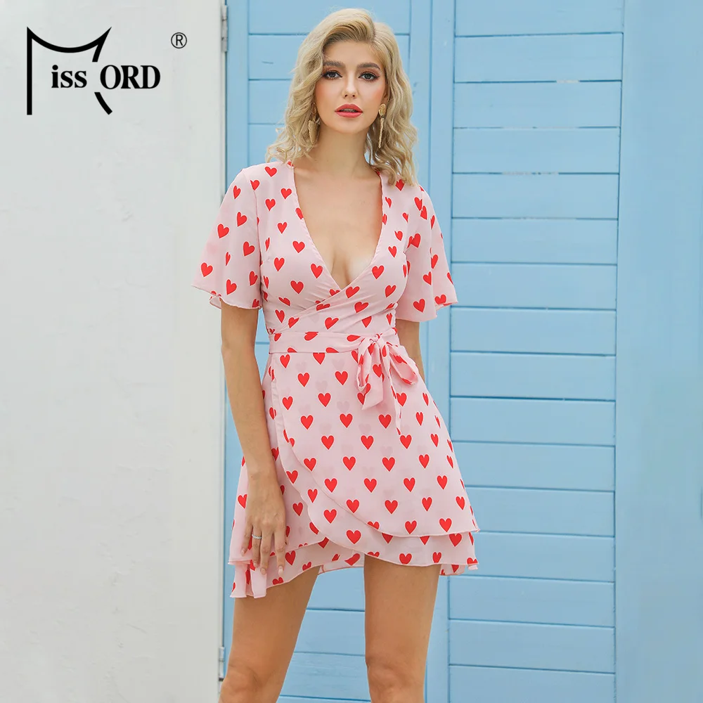 

Missord 2020 Summer Sexy Deep V Neck Short Sleeve Women Mini Dresses Lace up A Line Summer Holiday Dresses FT20265