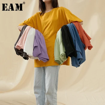 

[EAM] Women Multicolor Purple Yellow Brief Big Size T-shirt New Round Neck Half Sleeve Fashion Tide Spring Summer 2020 1T598