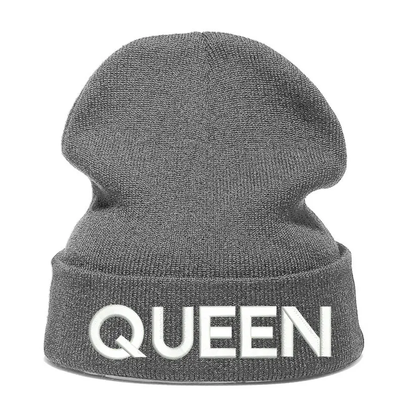 Шапка с принтом queen шапка Skullie шапка, вязаная шапка-носок зимняя Осенняя вязаная вышивка Кепка в стиле хип-хоп Мужская и женская Подростковая Кепка для уличных танцев черная - Цвет: gray white