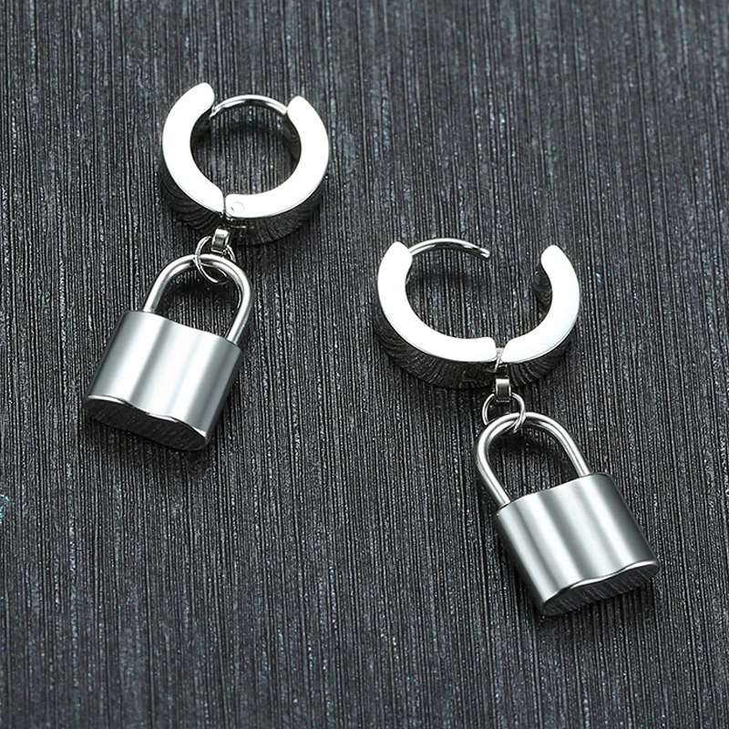 

Men's Lock Drop Earrings Silver Tone Punk Dangle Small Rock Party Korea Jewelry