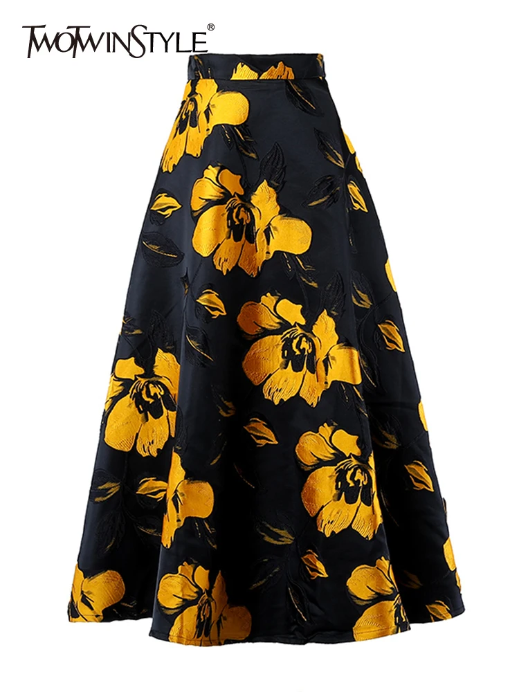 

TWOTWINSTYLE Black Casual Slim Print Colorblock Skirt Female Gathered Waist Temperament Skirts For Women Autumn Style 2021 New