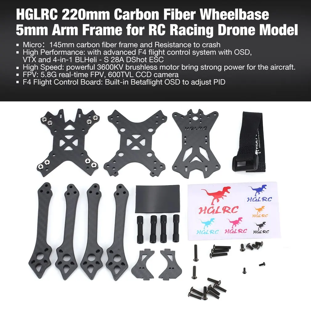 

HGLRC 220mm Carbon Fiber Wheelbase 5mm Arm Kit Frame for RC Racing Drone Motor Models Multicopter Replacement Parts Accessories