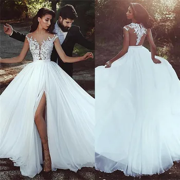 

Middle East Dubai White Wedding Dress Lace Appliques Chiffon Long Short Sleeves Bridal Gowns Simple Illusion Custom Online