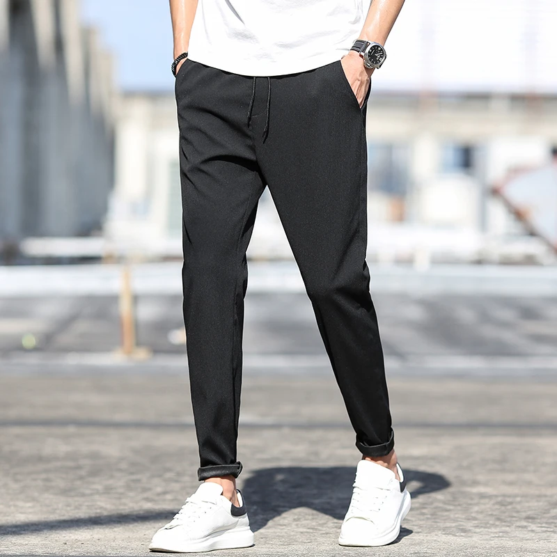 

New Men's Black Ankle-Length Pants Elastic Waist Loose Spring Sweatpants Casual Polyester Korean Pencil Pants For Homber 4XL