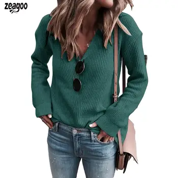 

Women Winter V Neck Sweater Knitted Solid Casual Color Slim Jumper Sweater Fashion Long Sleeve
