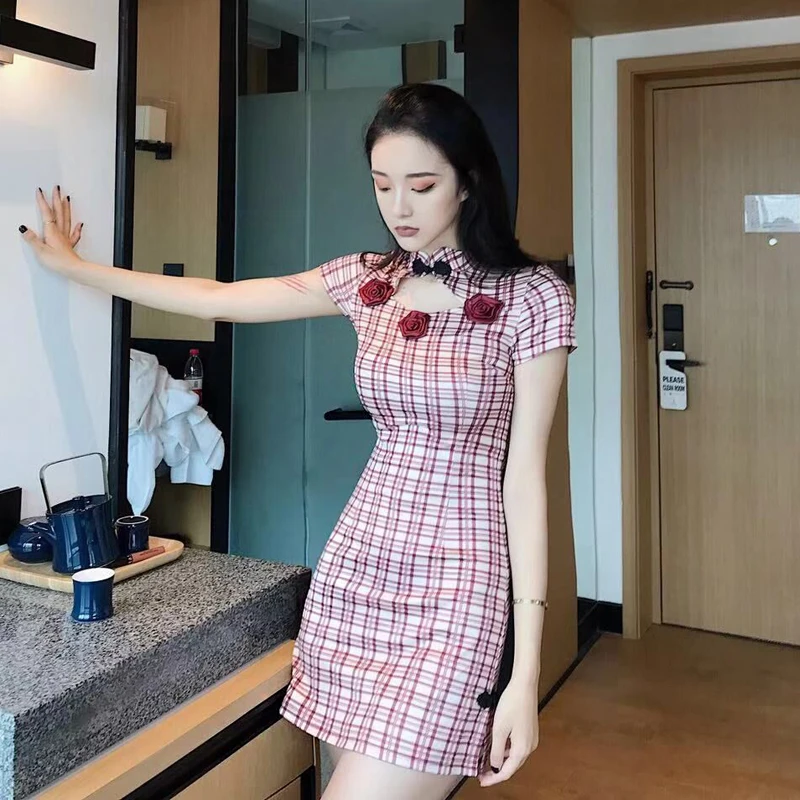 Розовый Cheongsam воротник в китайском стиле облегающее платье женское с коротким рукавом клетчатый принт Лето Осень сексуальное платье элегантное
