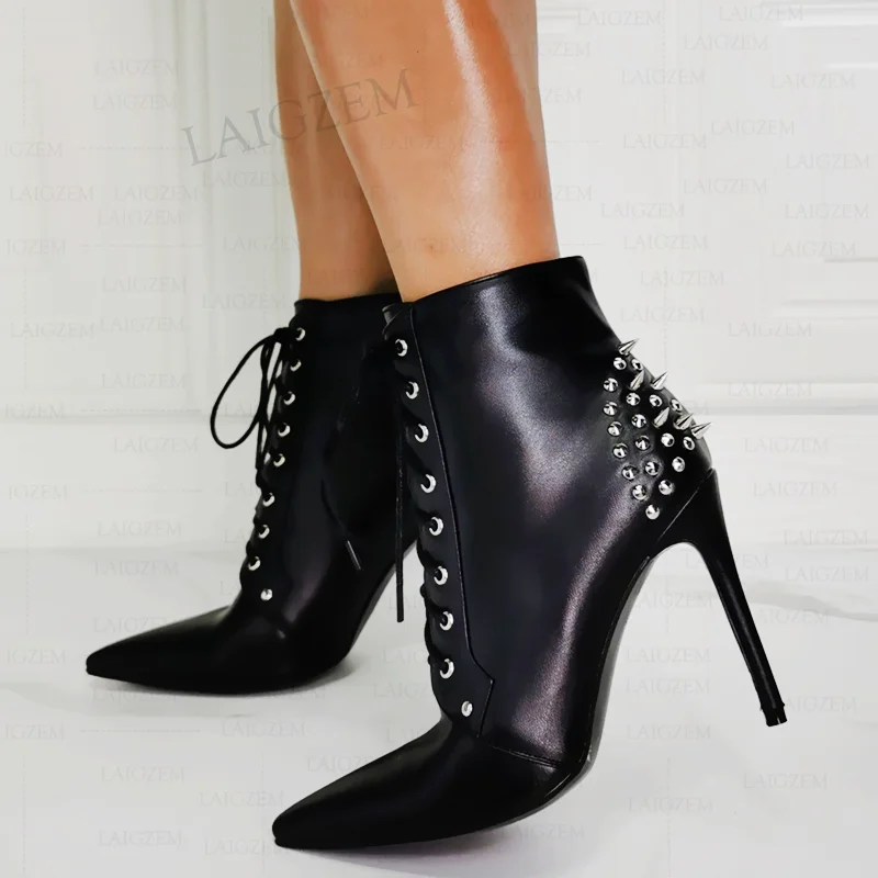 

Женские ботильоны с шипами BERZIMER, короткие ботинки из искусственной кожи на шнуровке, женская обувь ручной работы Stivali, большие размеры 43 46 47