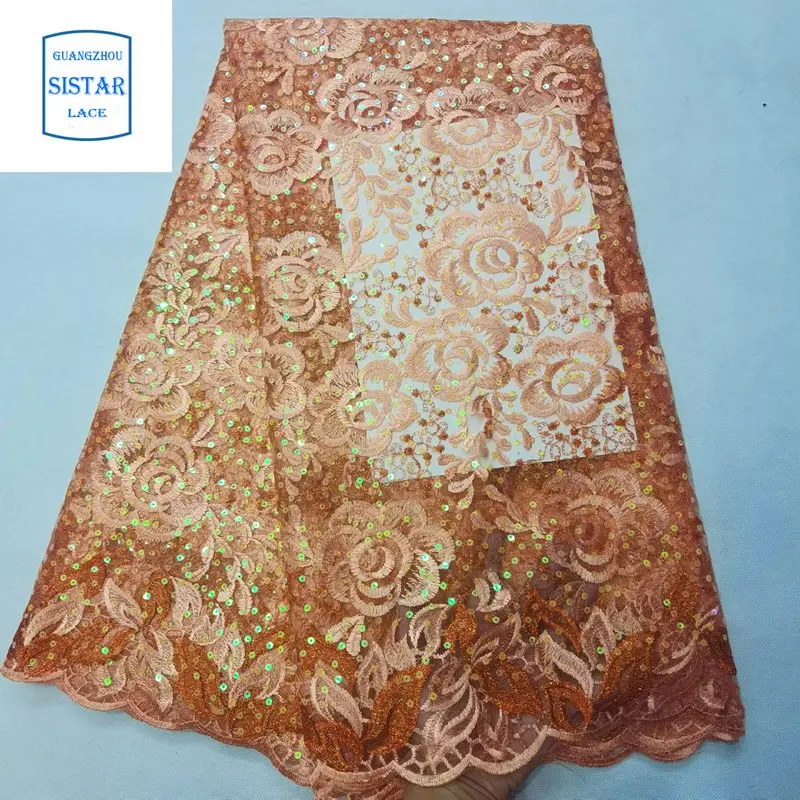 Peach African Lace Embroidered Nigerian Fabric With Sequins High Quality Dubai French Mesh 5 Yards 2020 |