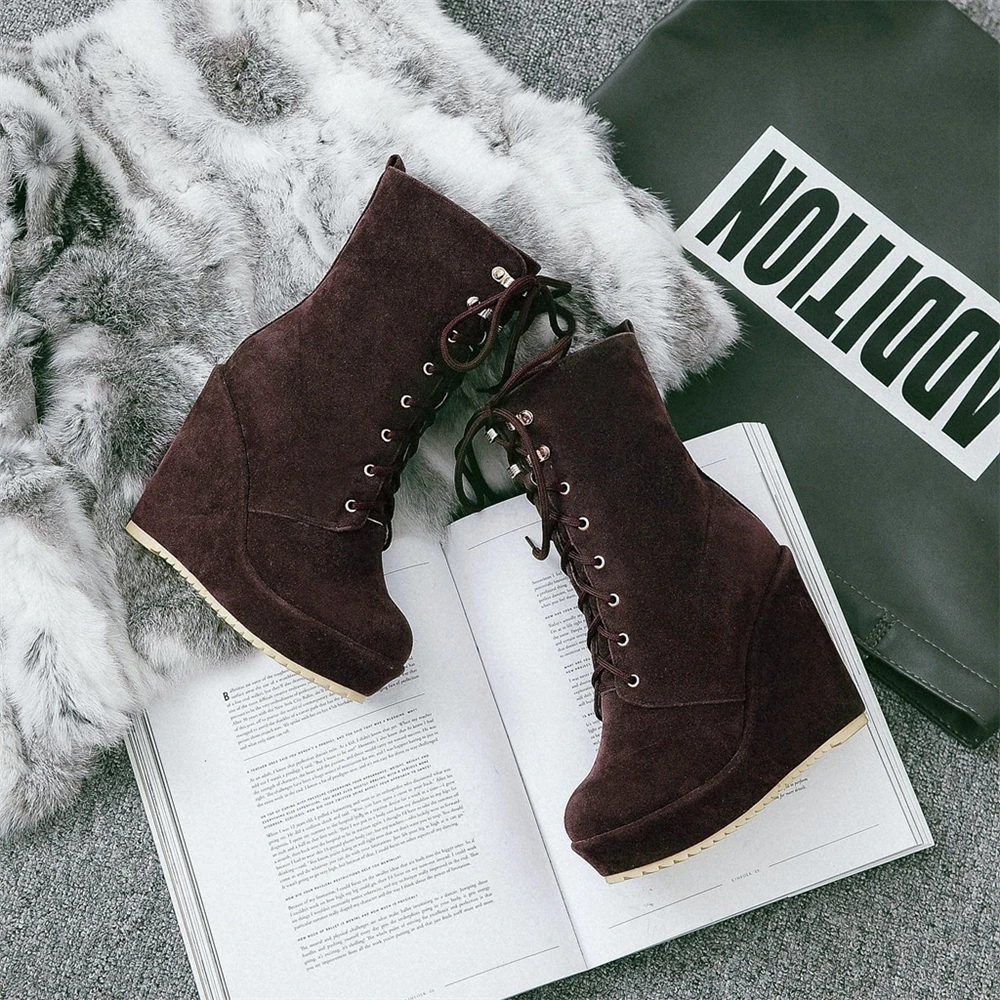 Autumn Winter Fashion Women Ankle Boots wedge Lace-up Woman Platform Boots Ladies Shoes Female zapatos de mujer 32 33 43