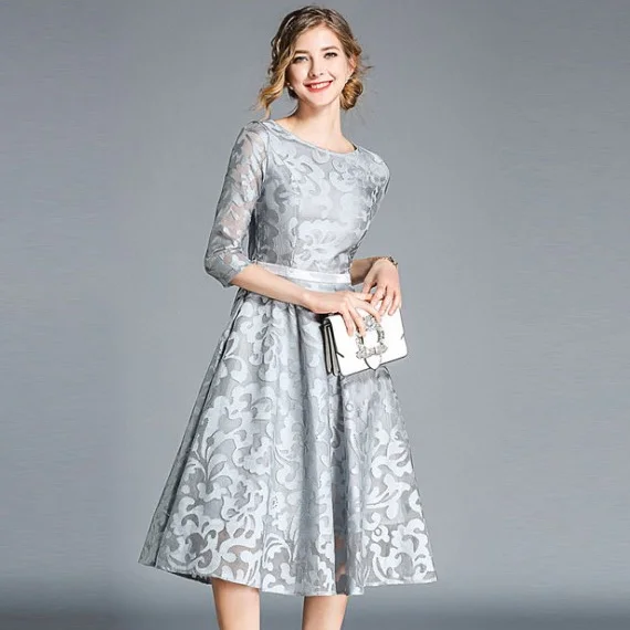 Autumn Lace Dress Work Slim O-neck Sexy Hollow Out Dresses Women Half Sleeve A-line Vintage Vestidos DA171