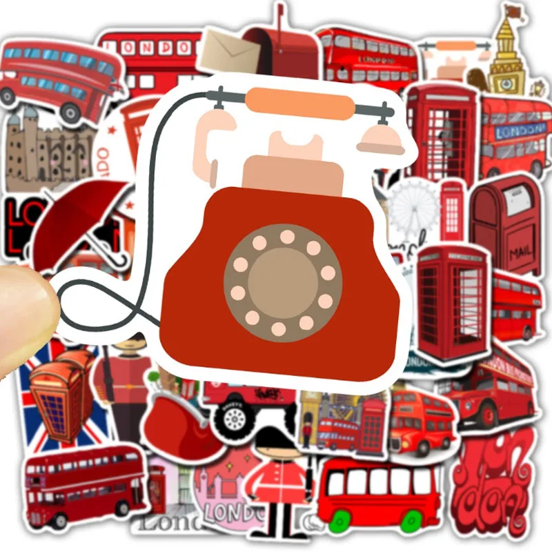 50Pcs England British Transport London Bus Telephone Booth Decorative Stickers Phone Laptop Scrapbook Luggage Bags Accessories