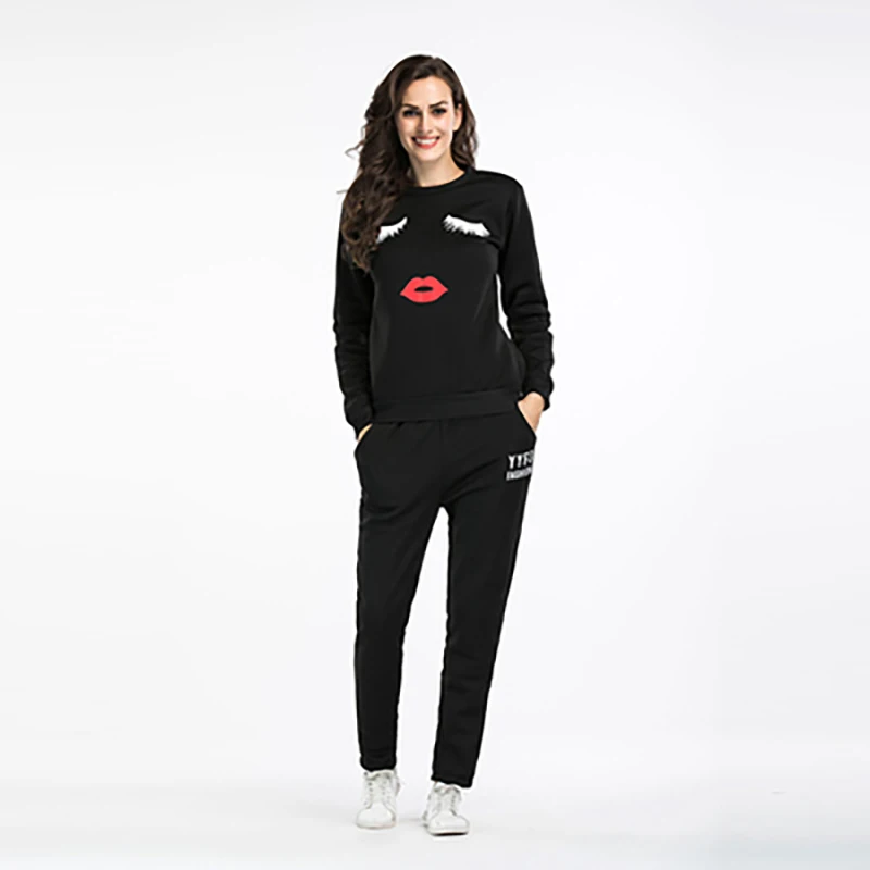 

BWB1998 Plus Velvet Leisure Tracksuit Suit Female Autumn and Winter New Printed Round Neck Sweater Trousers 2 Piece Set Women