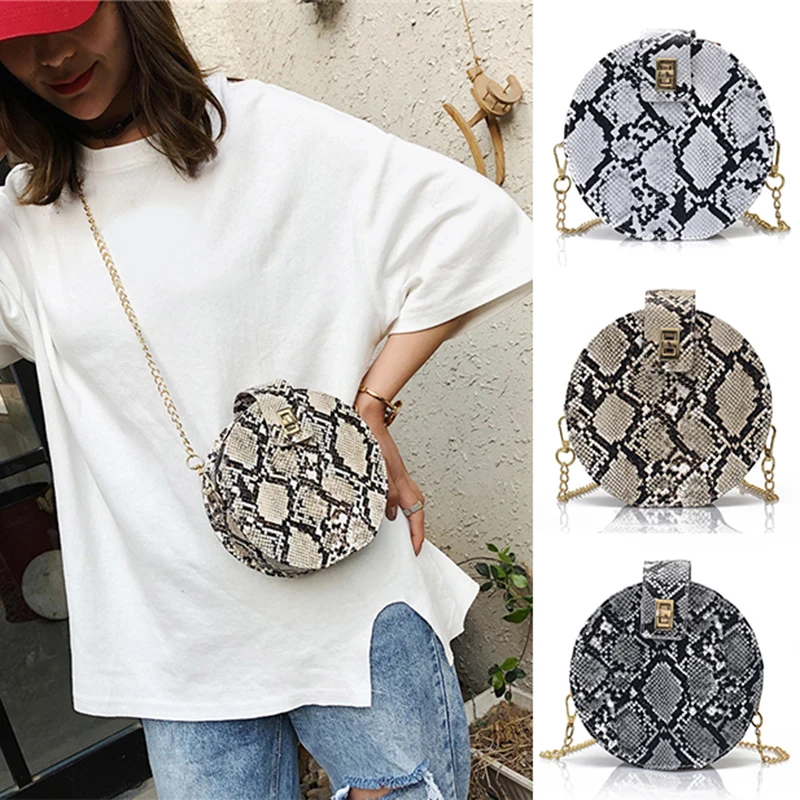 

Retro Serpentine Chain Round Bag Women Handbags Printed Small PU Leather Shoulder Crossbody Bags Fashion Ladies Messenger Bag