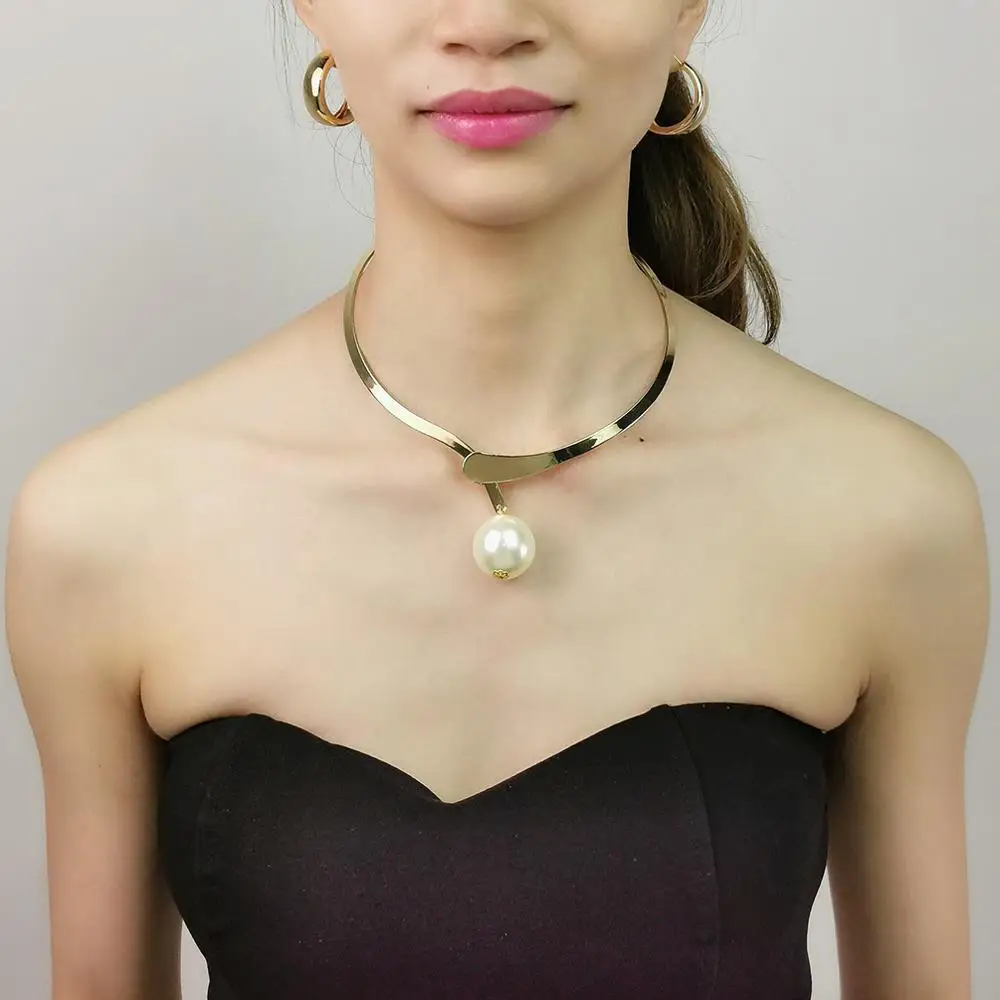 Simulated Pearl Alloy Torques Choker Necklaces Metal Statement Collar Necklace For Women Jewelry Accessories UKEN