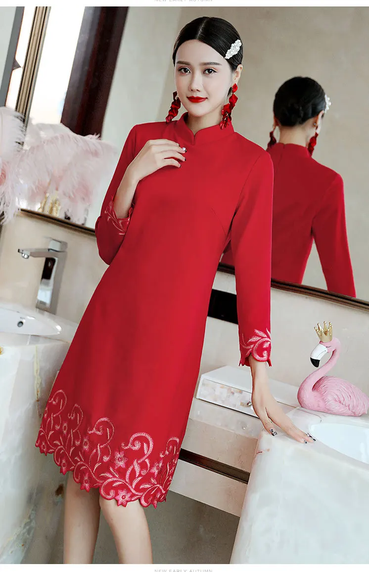High Quality New Autumn Party Red Black Dress Women Lurex Embroidery Floral 3/4 Sleeve Bodycon Sheath Dress Plus Size XXXXL