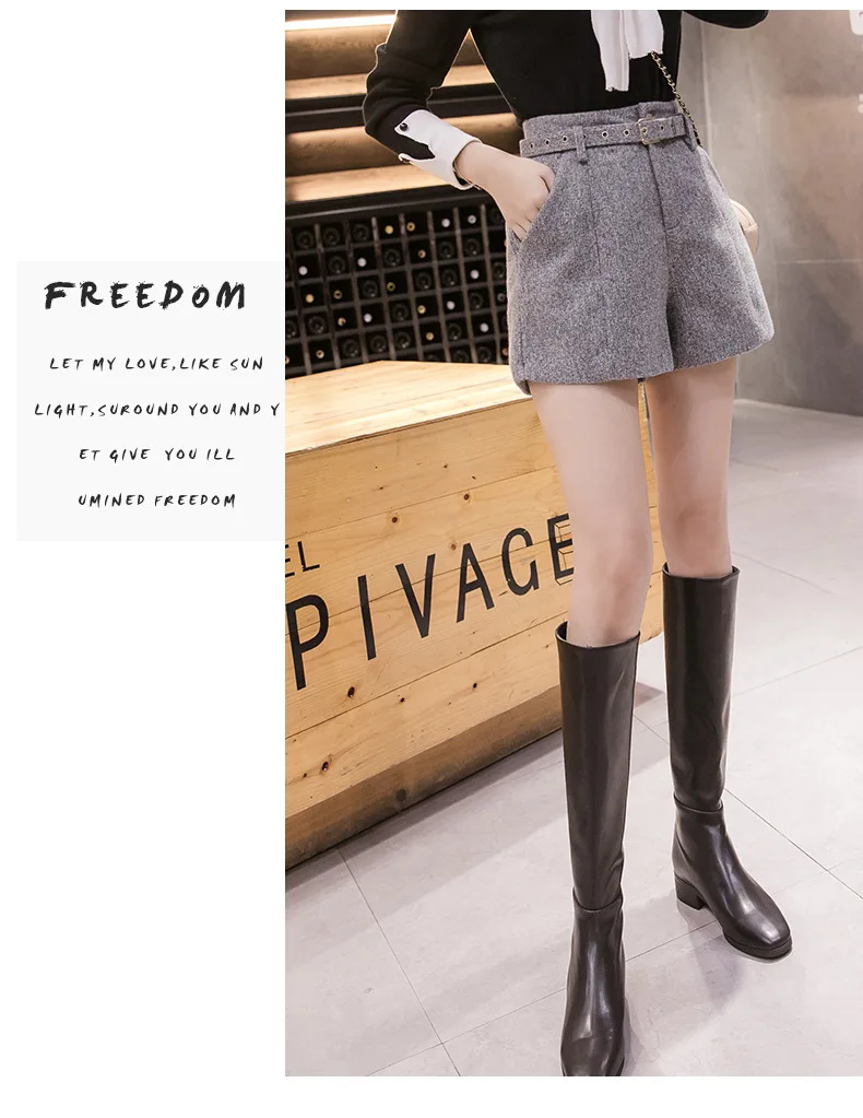 New Autumn Winter High Waist Wide Leg Woolen Shorts Women Khaki Gray Black Warm Shorts With Belt A-line Short Femme MT733 soffe shorts