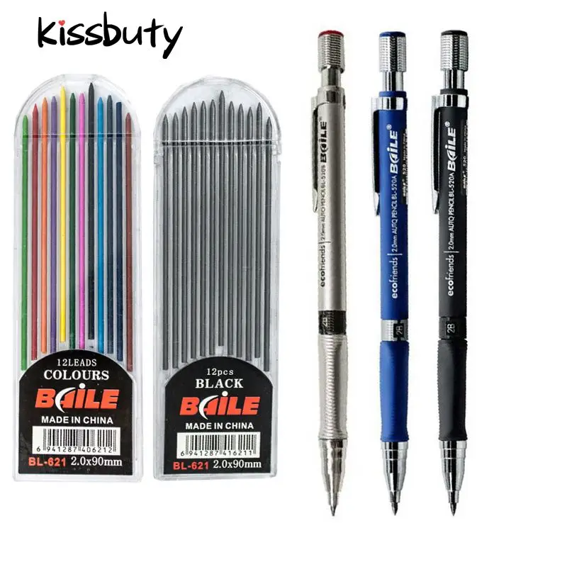 Lápiz mecánico de 2,0mm, bolígrafo automático de punta de escritura, diseño de dibujo, pintura negra, recargas coloridas, papelería para escuela y oficina