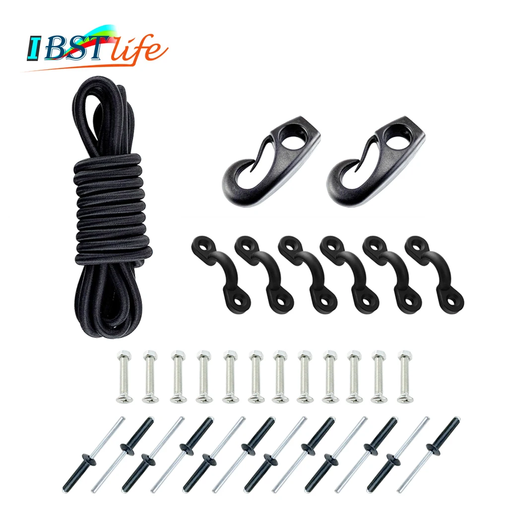2.5m Kayak Black Bungee Rigging Kit with Screws or Rivets Bungee Cord Ends Rope Pad Eyes Water