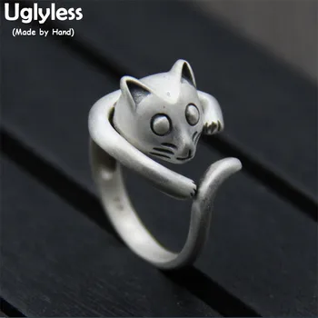 

Uglyless Real S 999 Silver Women Fine Jewelry Handmade Naughty Cat Opening Rings Lovely Animal Ring Exaggerated Fashion Bijoux