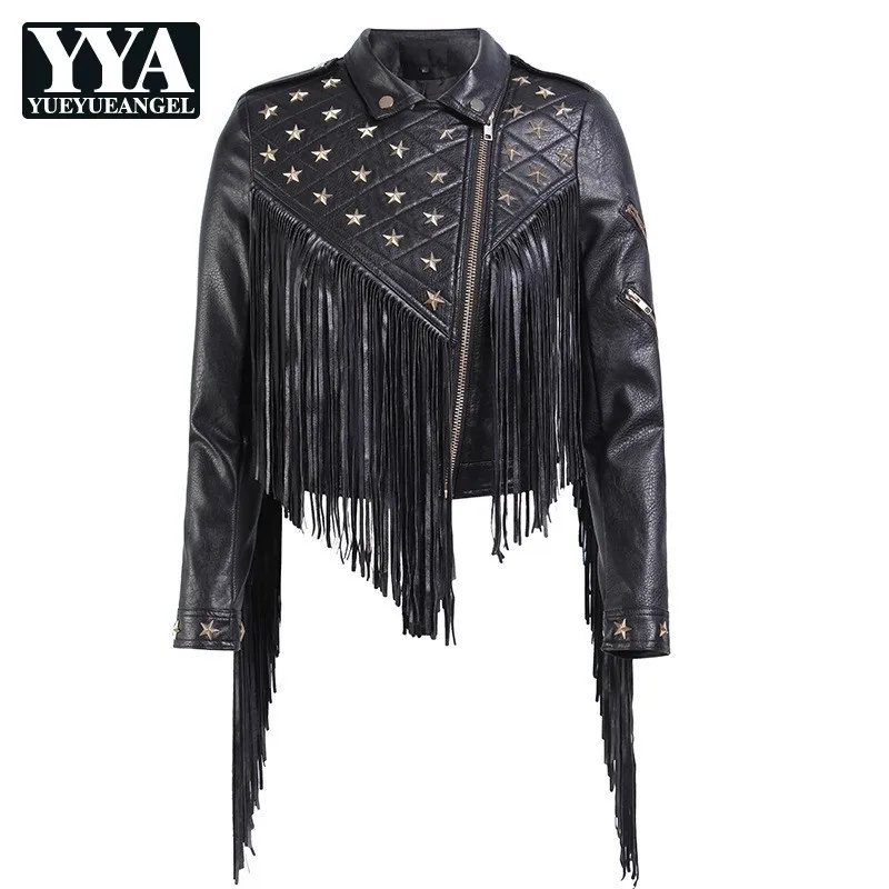 

Fashion Women Short Slim Pu Leather Jackets 2020 Winter New Motorcycle Tassel Faux Leather Jacket Pentagram Lapel Zipper Coats
