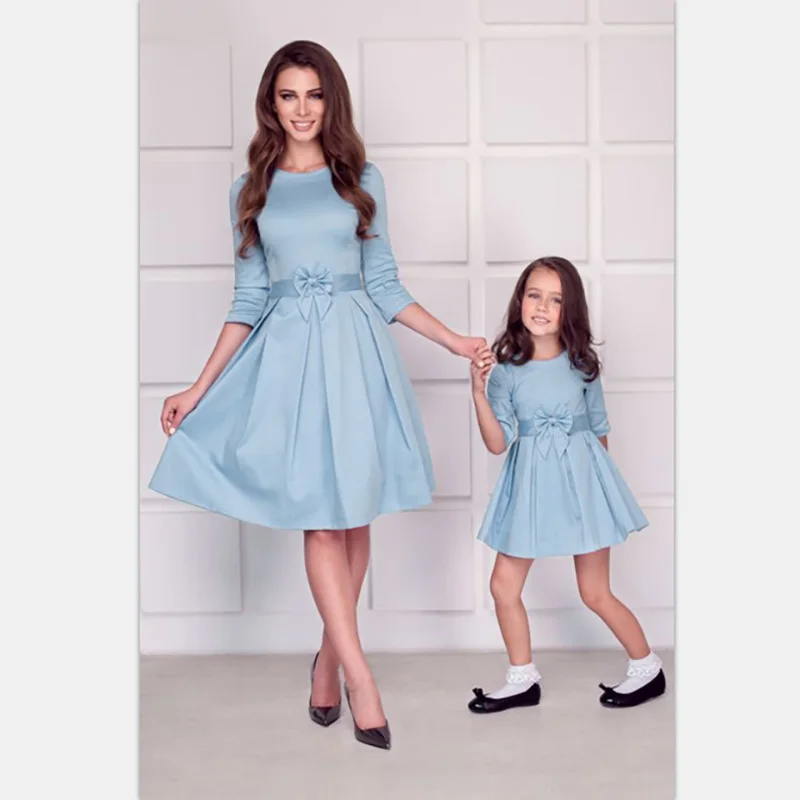 CYSINCOS Одинаковая одежда для мамы и дочки; платье для маленьких девочек; платья для вечеринок «Мама и я»; семейная одежда с круглым вырезом и пятью рукавами - Цвет: sky blue