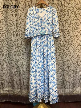 

Newest Fashion Designer Long Dress 2020 Spring Summer Women V-Neck Blue White Floral Print Half Sleeve Vintage Long Maxi Dress