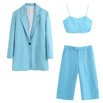 

2020 new summer suits women Three piece set blazer lapel collar & Bermuda shorts high-waist ＆ Crop top strap elastic bust