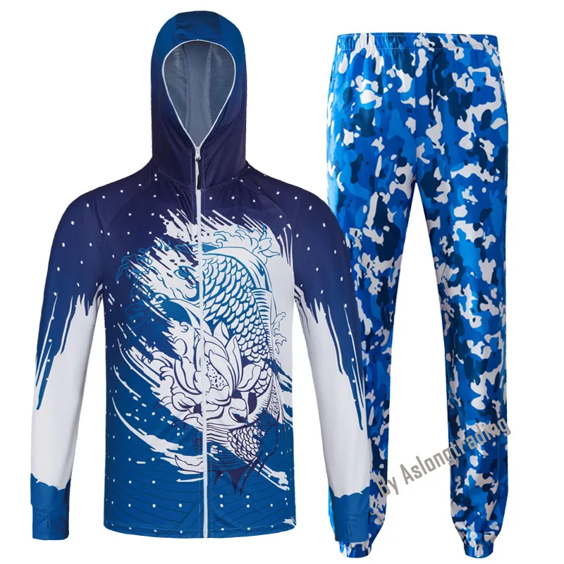 Комплект летней одежды для рыбалки, футболка с длинным рукавом, с капюшоном, Джерси, одежда+ штаны, для улицы, солнцезащитный крем, УФ блокировка, дышащая, быстросохнущая - Цвет: Blue Fish Kit