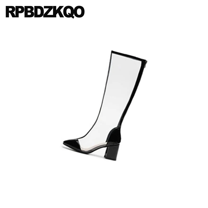 knee high chunky pvc boots patent leather long brand transparent designer shoes women luxury square toe heel big size black