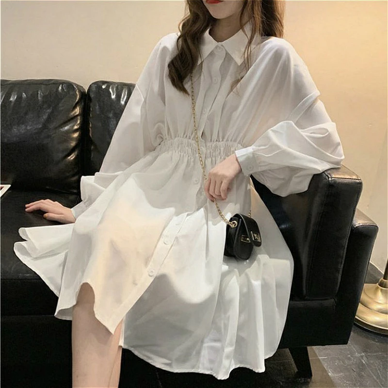 Dress Women Korean Elastic Waist Design Vintage Black Simple Summer Womens Vestidos Lantern Sleeve Trendy Preppy Girls Dresses mini dress