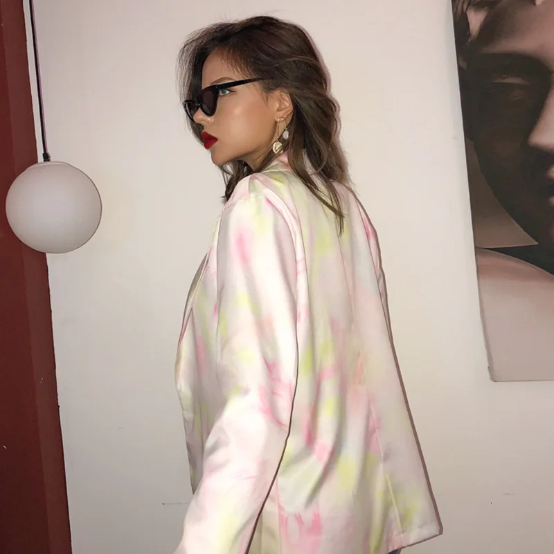 Корейский блейзер с принтом Tye Dye, пальто для женщин, Повседневная Свободная длинная куртка, Блейзер, высокая уличная мода, Женские рабочие пальто, Femme размера плюс