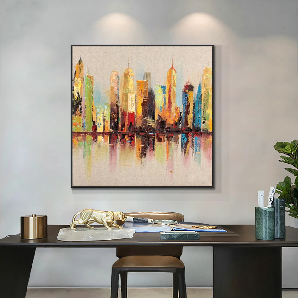 

Abstract Colorful Building Painting 100% Hand Painted Oil Painting On Canvas Handmade Modern Wall Art Painting For Home Decor