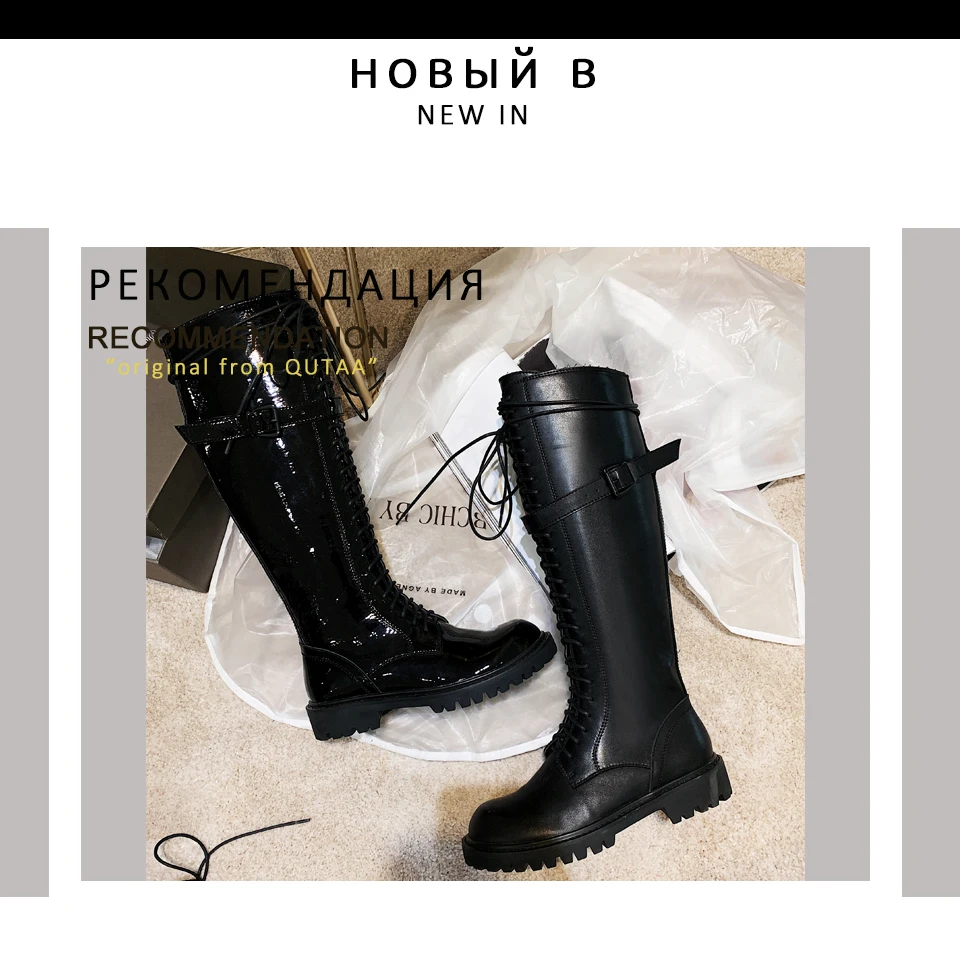 QUTAA/; модные сапоги до колена на шнуровке с круглым носком и пряжкой; удобная женская обувь из натуральной кожи на среднем каблуке; размеры 34-39