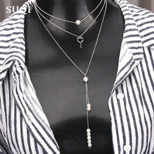 SUQI Collares Boho para As Mulheres Do Vintage de aço inoxidável Corrente de Prata Declaração de Múltiplas Camadas de Pérolas Longo Colar de Pingente de Jóias(China)