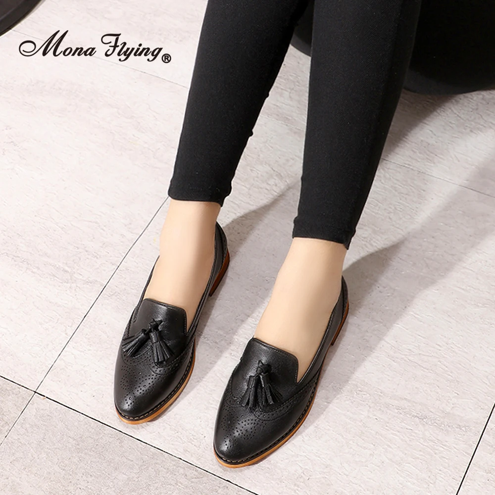 Mona Flying Women Genuine Leather Slip-on Tassel Penny Loafer Designer Loafers Casual Flat Driving Shoes for Ladies H618-1