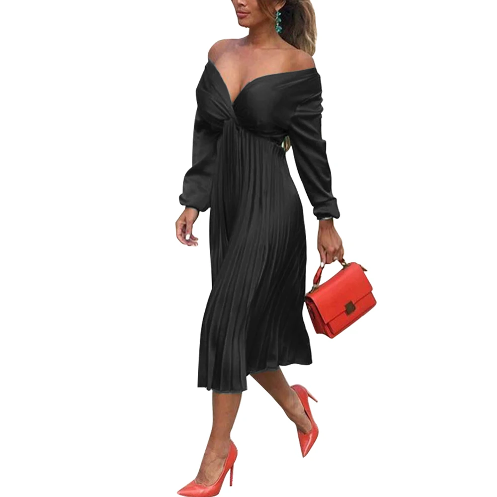 

Women Sexy V-Neck Long Sleeve Wrap Dresses Elegant Belted Midi With Ruffle Ladies Solid Color Simple Fashion Dress Autumn Winter